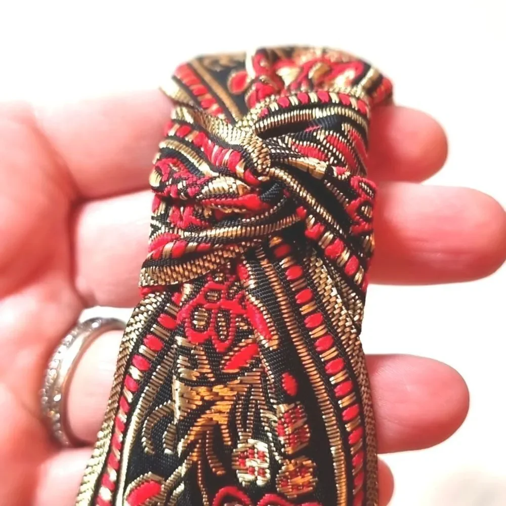 JEWELTONE JACQUARD SATIN FABRIC top knot red gold black headband